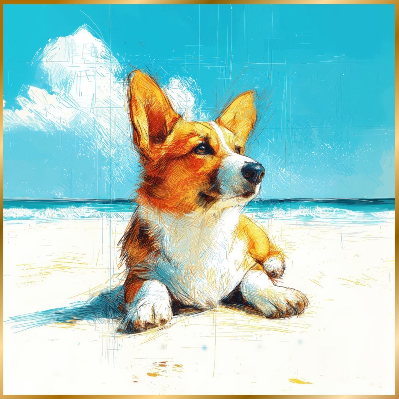 ウェルシュコーギー犬とビーチのスケッチ No.3 海 犬の絵 犬のイラスト おしゃれ ミニマリスト ミニマリズム シンプル インテリアアート ペットロス うちの子 記念日 アートポスター ギフト プレゼント