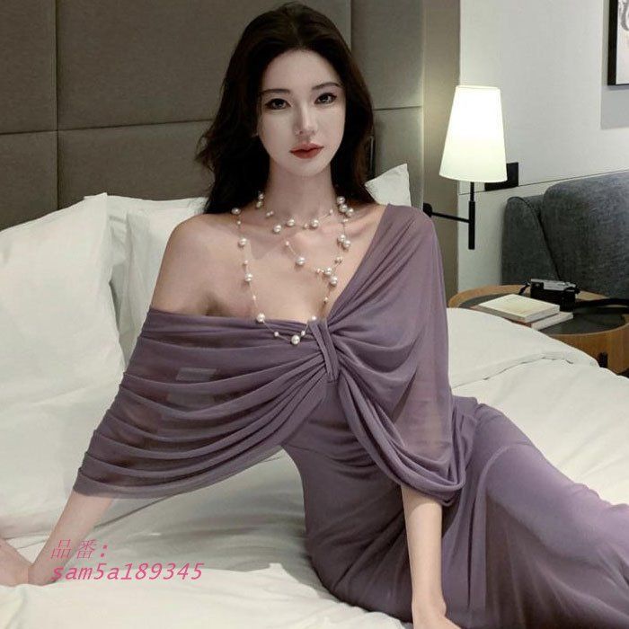 胸元Vネック開き ドレープ袖 ロングタイトドレスワンピース 紫 セクシー パーティー 韓国 ドレス キャバスナック am5a189345