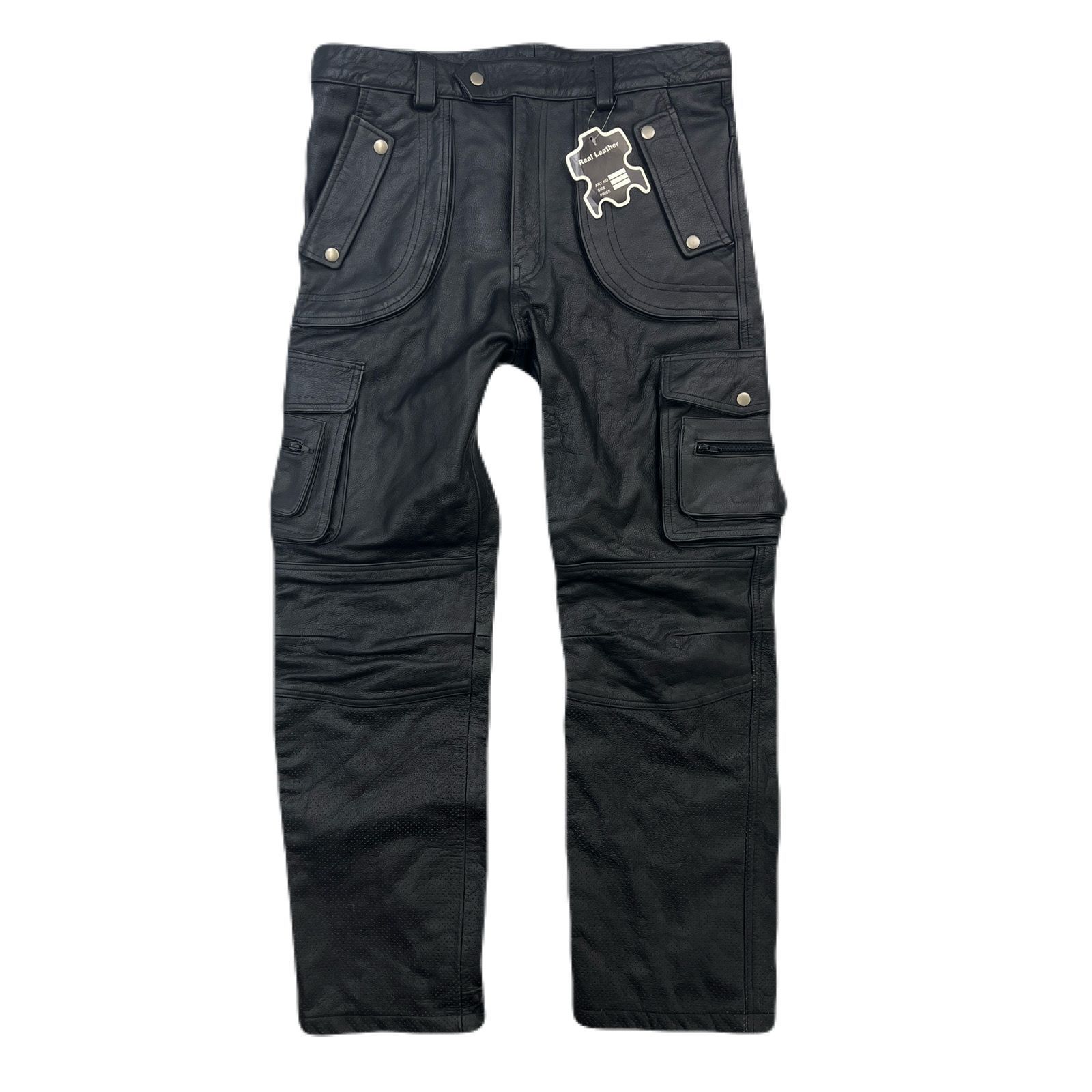 リアルレザー 厚手 牛革製 ライダースパンツ 革パン ブラック ポケット多数 カーゴタイプ W36 裏地メッシュ さわやか バイク乗りに ●Ja8786