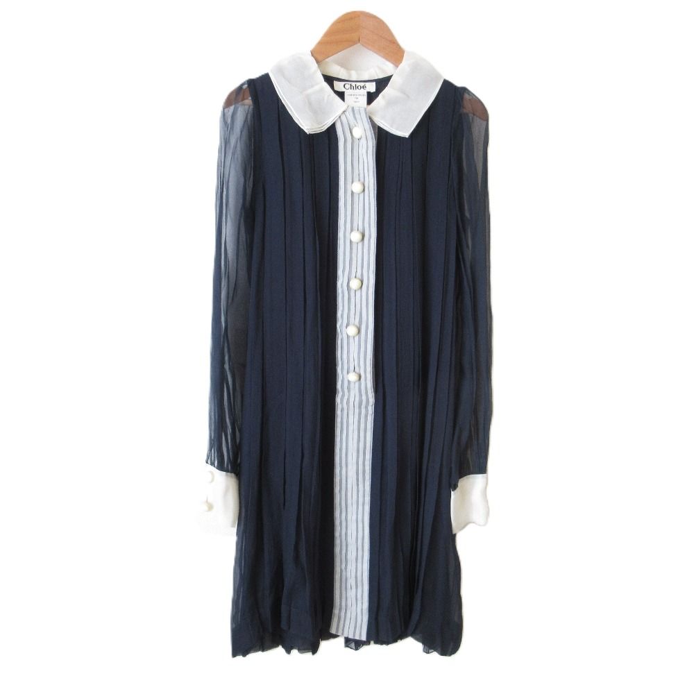 Chloe クロエ ロングスリーブ シルク ひざ丈 シアープリーツワンピース T34 ネイビー レディース 古着
