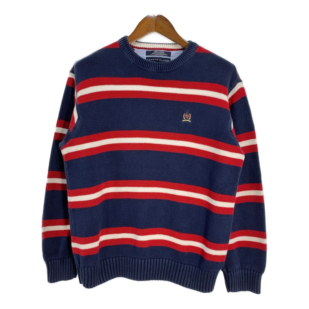 TOMMY HILFIGER トミーヒルフィガー コットン ニット セーター ボーダー ネイビー (メンズ L)  古着 T0883