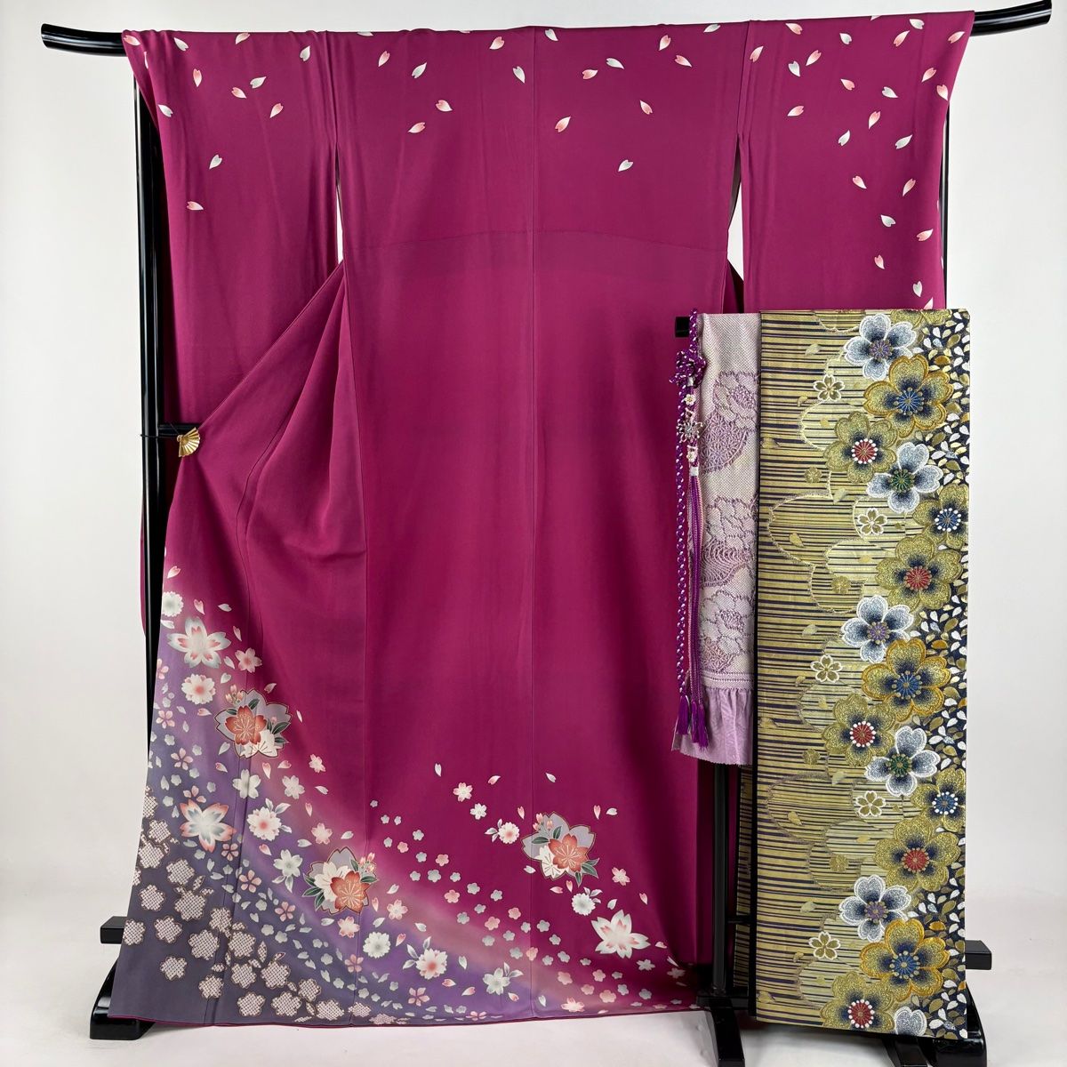 振袖 身丈171cm 裄丈69.5cm L 袷 袋帯フルセット 桜 桜の花びら 金彩 ぼかし 濃ピンク 正絹 秀品
