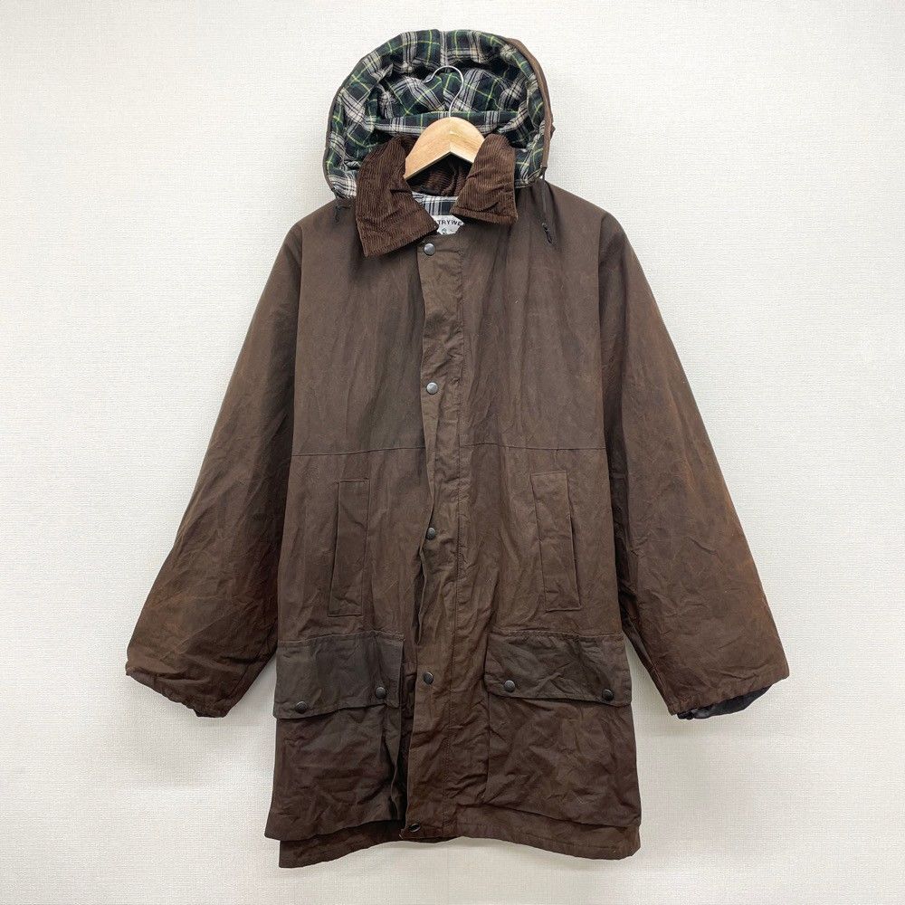 COUNTRY WEAR オイルドジャケット フード付き 裏キルティング 襟コーデュロイ 長袖 サイズ：L ブラウン系 MADE IN ENGLAND