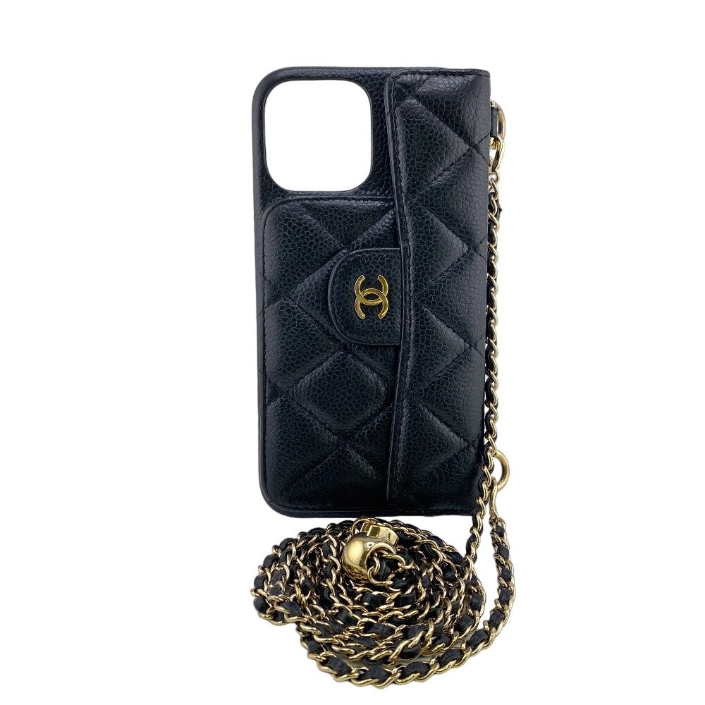 CHANEL/シャネル iPhone 13Pro チェーンショルダー マトラッセ ココマーク キャビアスキン 携帯・スマホアクセサリー ブラック