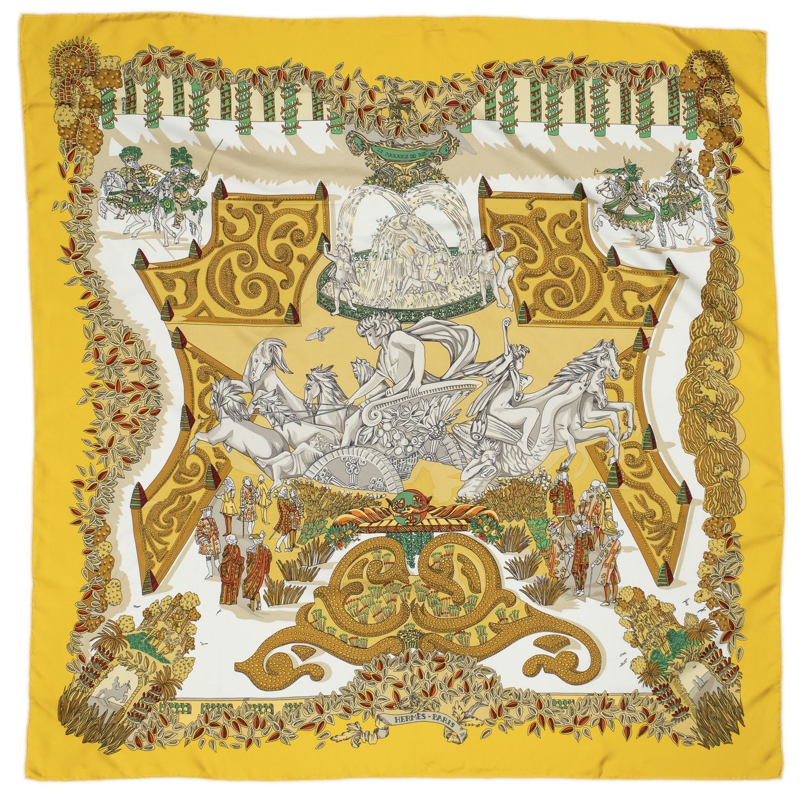 HERMES エルメススカーフ黄色 緑 茶色 ツイルシルクA