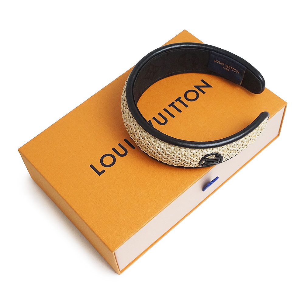 ルイ ヴィトン ヘットバンド ラフィア カチューシャ ヘア ポリエステル ラムスキン レザー シルク ベージュ ブラック M77534 LOUIS VUITTON