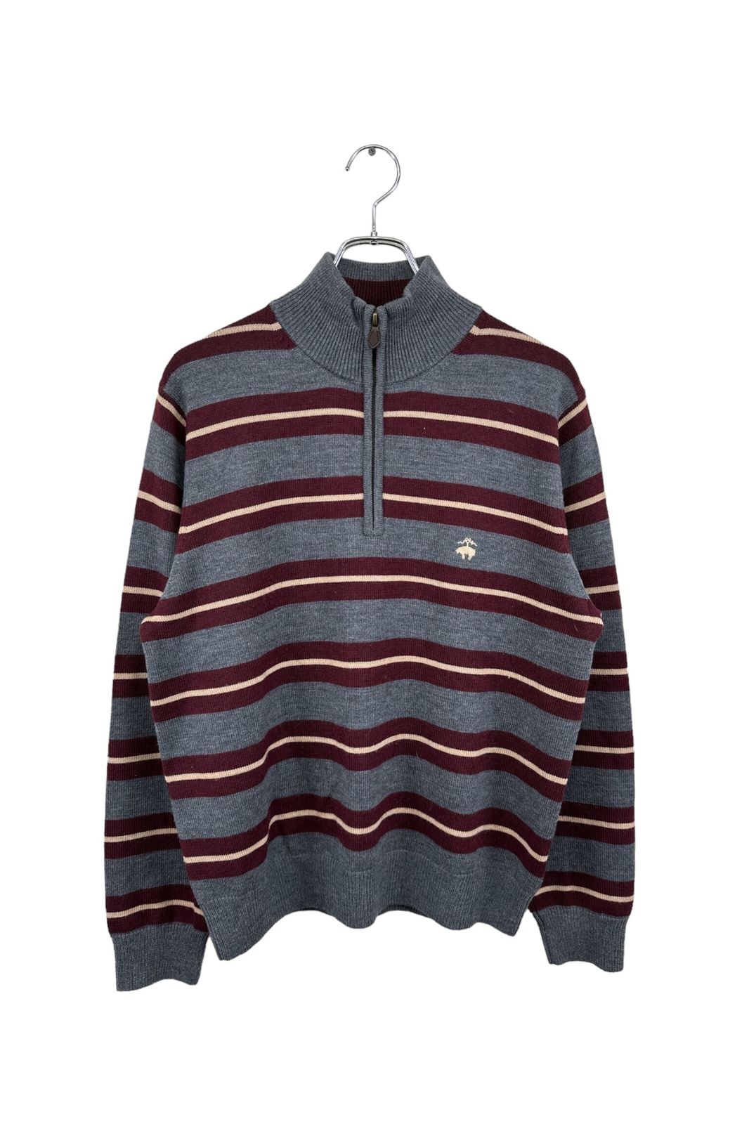 高品質   Brooks Brothers ブルックスブラザーズ ニット セーター  ボーダー グレー系 鹿の子 ハーフジップ  メンズ サイズ M  6 単
