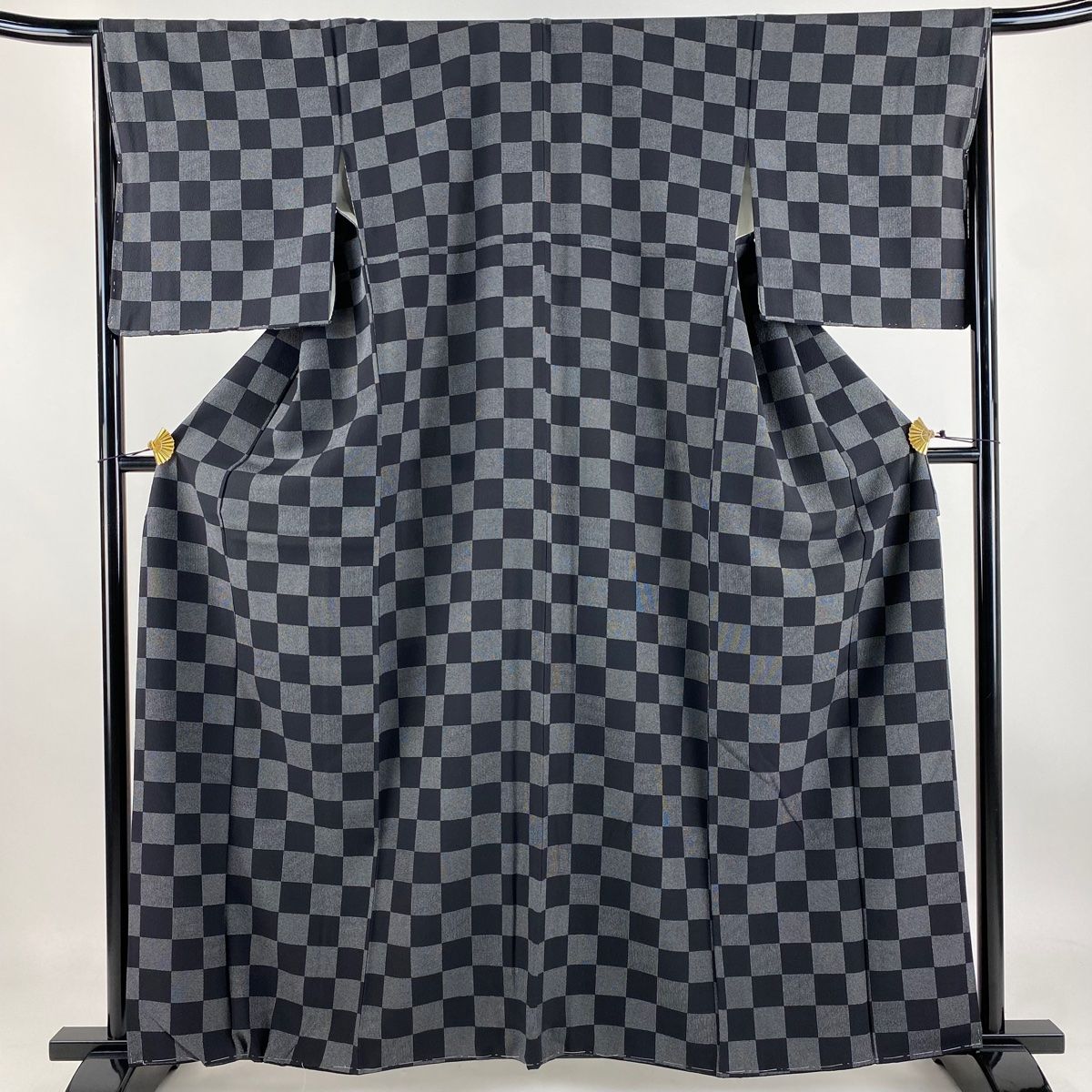 小紋 身丈161cm 裄丈66cm M 袷 市松 鮫 黒 正絹 秀品