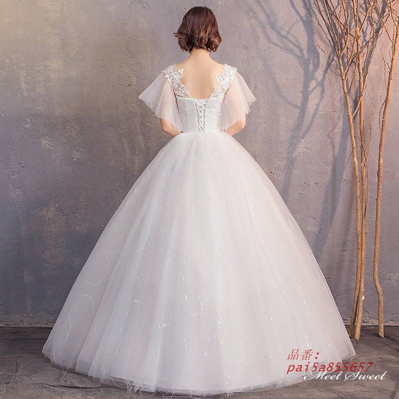 ウェディングドレス ロングドレス プリンセスラインドレス ベルスリーブ 二次会 結婚式 ブライダル 前撮り 挙式 チュール ウエディングドレス 花嫁 pai5a855657 MAAHADDERANG_COM