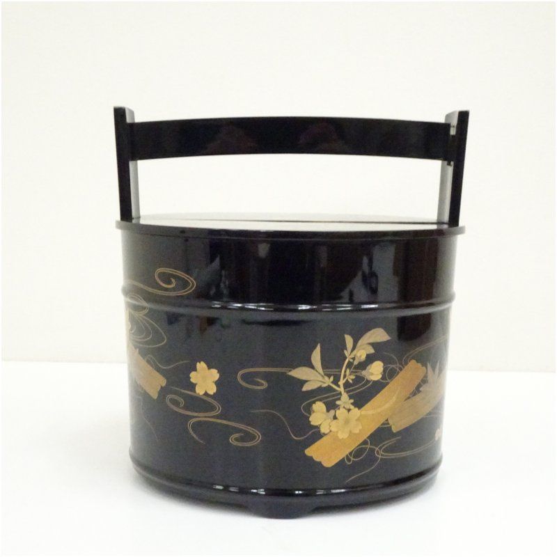 塗師 茶平一斎造 輪島塗 花筏蒔絵真塗手桶水指（共箱） 水指し 茶道