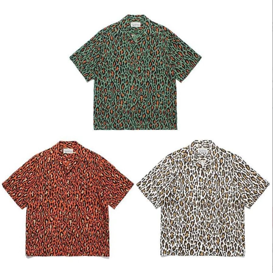 極美品 WACKO MARIA x LEOPARD OPEN SHIRT 23AWハワイアンシャツ 半袖シャツ 3色：White/Green/Red a3160