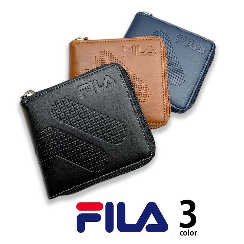 【ブラック】FILA（フィラ）ドットロゴ型押し ラウンドファスナー 2つ折り財布 ショート ウォレット 61fl52