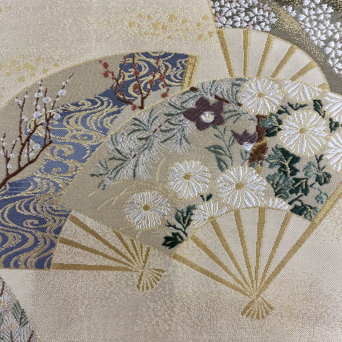 袋帯 秀品 扇 草花 金銀糸 箔 ベージュ 六通 正絹