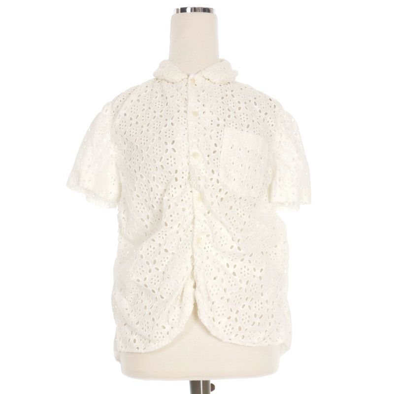 トリココムデギャルソン tricot COMME des GARCONS 10 フラワーアイレットレースシャツ ブラウス 半袖 M ホワイト 白 TQ-B019