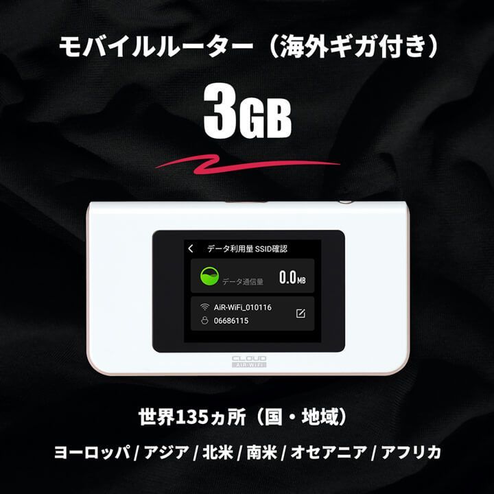 まきじ〜ページ 海外ギガ（3GB）+ モバイルルーター（HUNDRED Wi-Fi 小売 チャージ