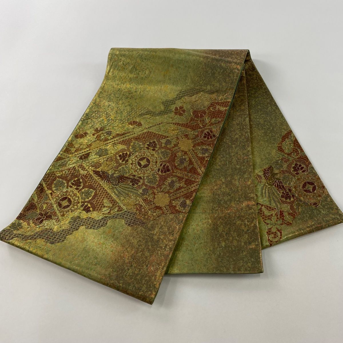 袋帯 秀品 華文 草花 金糸 箔 金色 お太鼓柄 正絹 【中古