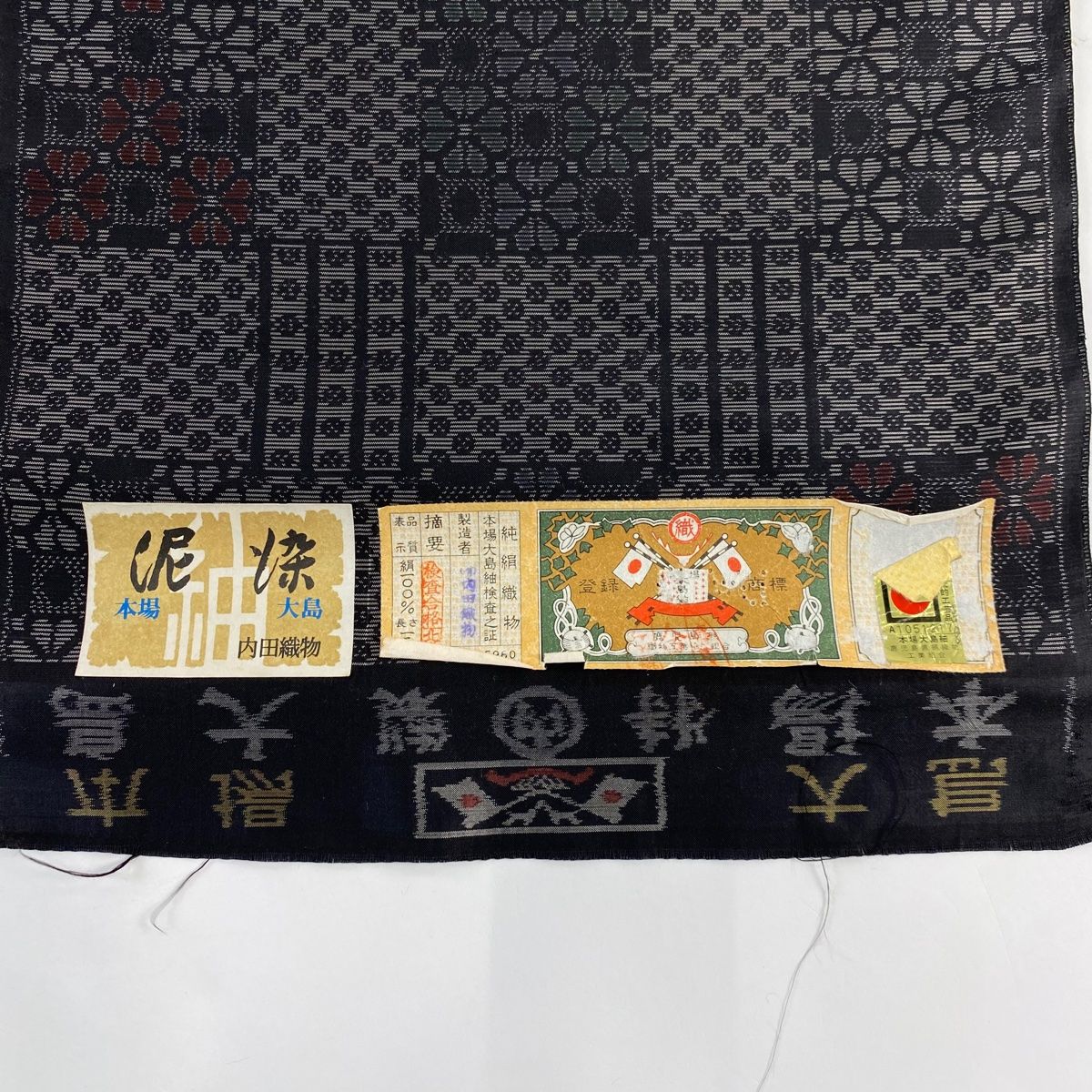 反物 秀品 大島紬 証紙 菊 幾何学模様 泥染 墨色 正絹 【中古