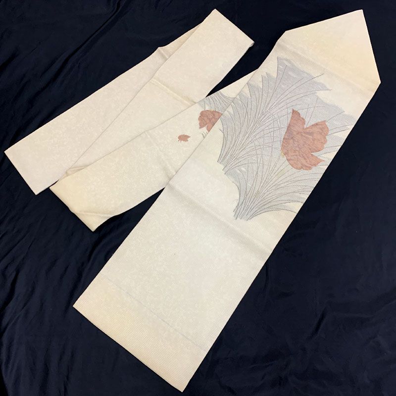 506an103◇セミアンティーク夏帯 絽 名古屋帯 ススキに蝶 金糸 昭和レトロ◇状態良好