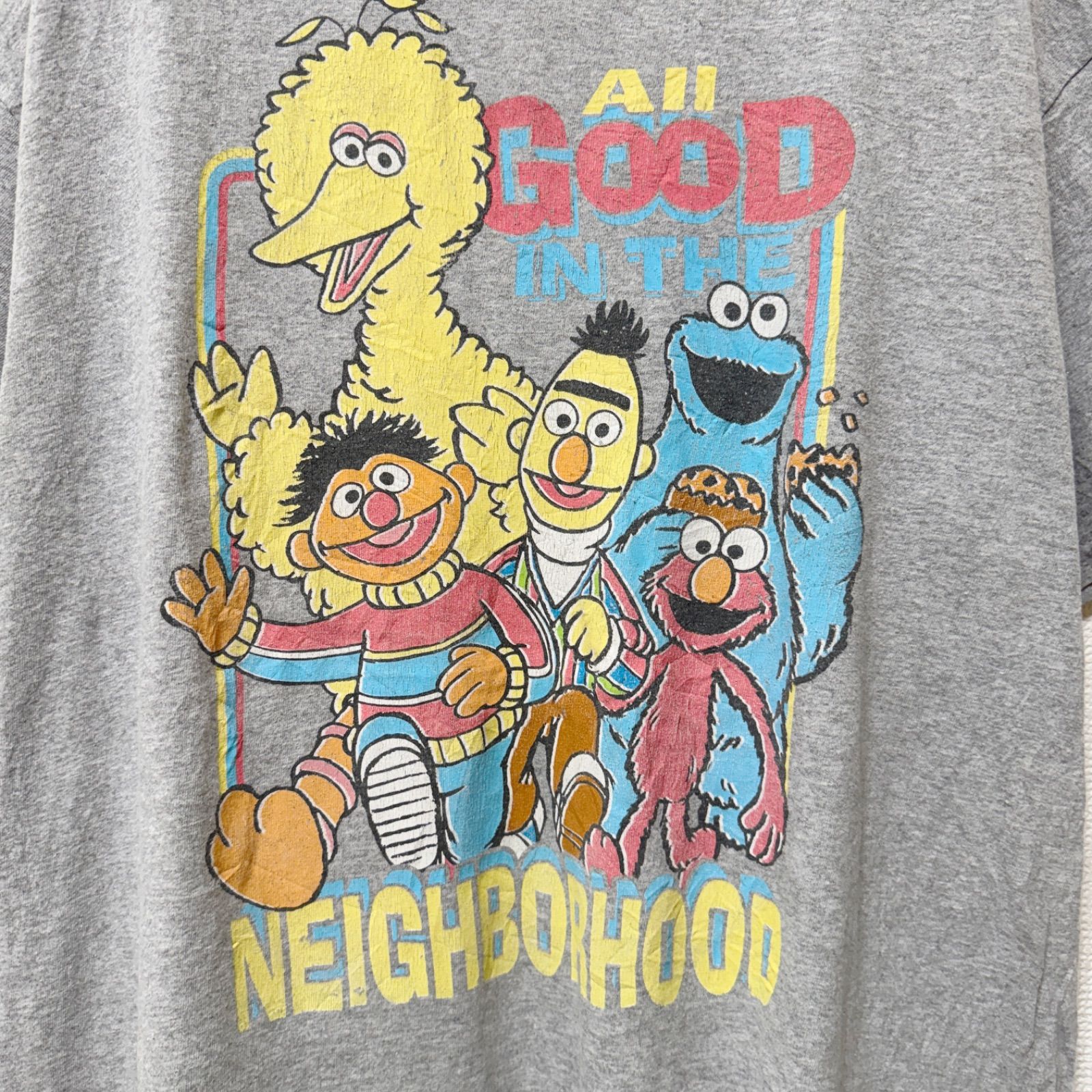 【ヴィンテージ】クッキーモンスター ビッグバード Tシャツ セサミストリート Tシャツ XL グレー 00s フェード ALL GOOD IN