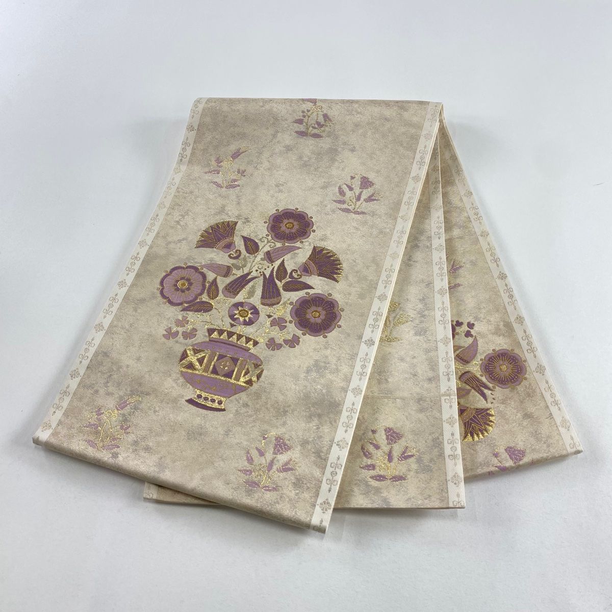 袋帯 名品 帝王紫 落款 花器 草花 箔 金糸 金色 お太鼓柄 正絹
