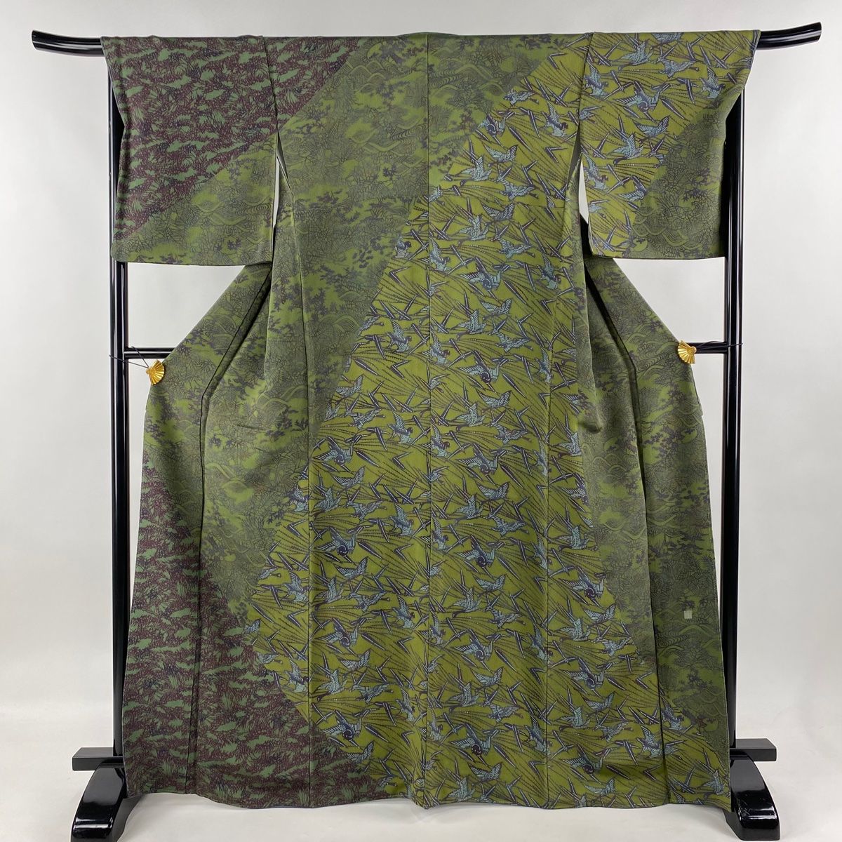訪問着 身丈166.5cm 裄丈67.5cm L 袷 落款 鳥 楓 縮緬 茶緑色 正絹 名品