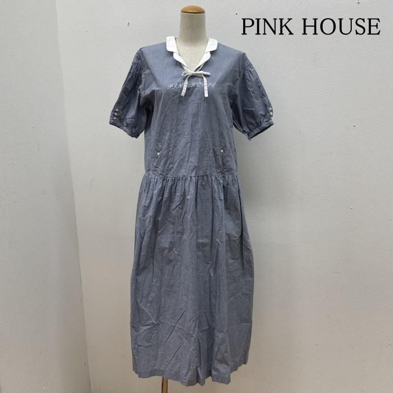PINK HOUSE ピンクハウス ワンピース ロングスカート リボン フリル襟付き ロゴ 刺繍 チェック柄 ロング ワンピース 半袖