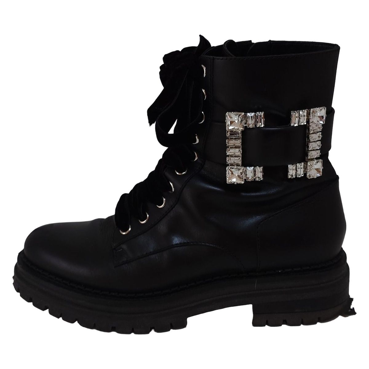 sergio rossi セルジオロッシ ショートブーツ 37 レディース - 黒 ビジュー レースアップ レザー