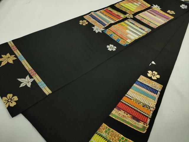 平和屋本店□最高級 龍村平蔵製 六通柄 本袋帯 威毛錦 黒地 金銀糸  