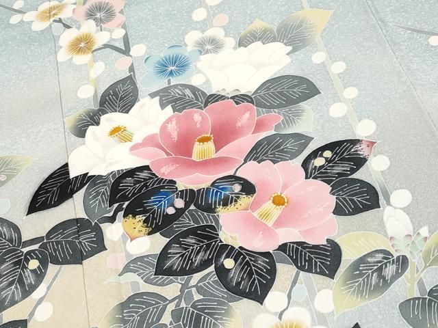 平和屋本店□極上 人間国宝・羽田登喜男 訪問着 椿 梅 暈し染め 水色地