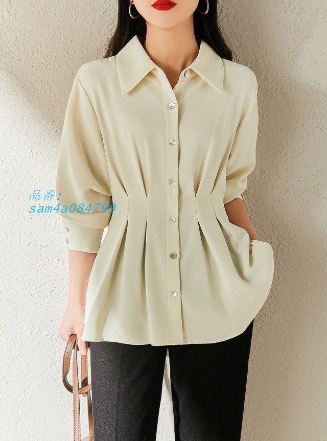ブラウス レディース 長袖 バックプリーツブラウス 襟付きブラウス トップス 大きいサイズ 通勤服 オフィス ウエストマーク プリーツ シャツブラウス am 4 a 084799