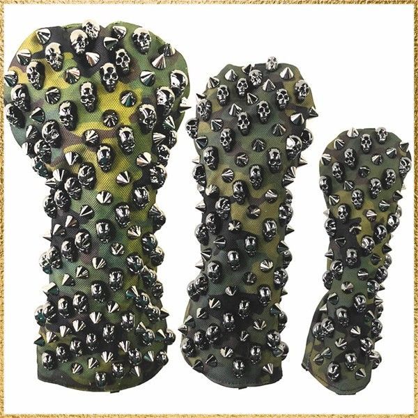 彡 でお届け 彡Color ガンブラック スカルリベット ガンブラック リベット ヘッドカバーゴルフ Headcovers ドライバー ウッド ユーティリティ ヘッドカバー 3個セット DR FW UT 迷彩 ガンブラック スカルリベット