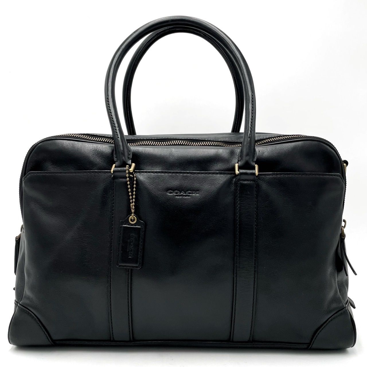 美品 コーチ レザー 2WAY ボストンバッグ ロゴ型押し チャーム付き 黒