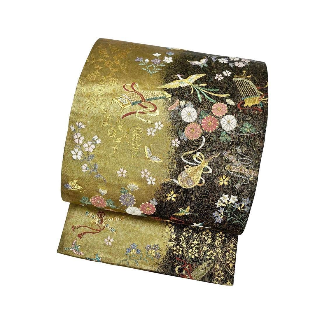 名古屋帯 紬 型染 花唐草模様 麦藁色 O-5037 名古屋帯 紬 型染 花唐草模様 麦藁色 O-5037