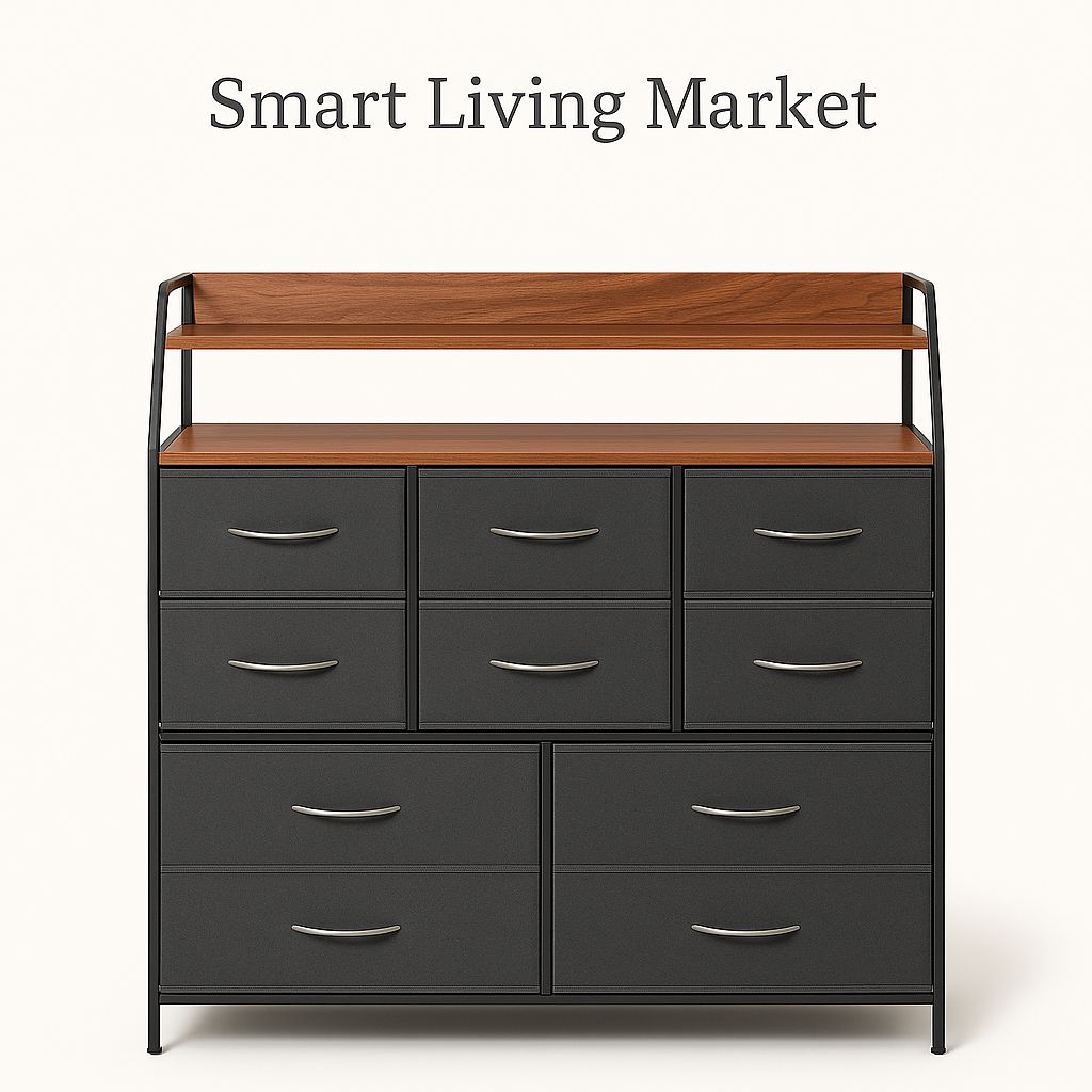 チェスト 収納棚 10杯 引き出し 北欧風 スチールフレーム 木目天板 幅105cm 大容量 タンス 衣類収納 ナチュラル おしゃれ リビング収納 ブラック