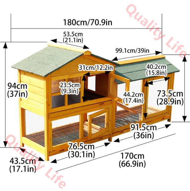 屋外用ウサギ小屋 傾斜ランとトレイ付きの2階建てウサギケージ 鶏やモルモットのペット用の大型木製ウサギ小屋