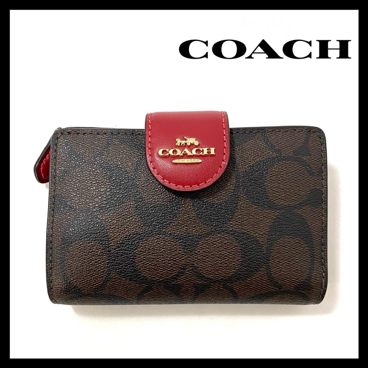 M COACH ミディアム コーナー ジップ ウォレット シグネチャー C0082 二つ折り財布 ブラウン|茶 レッド|赤 コーチ 59465S1