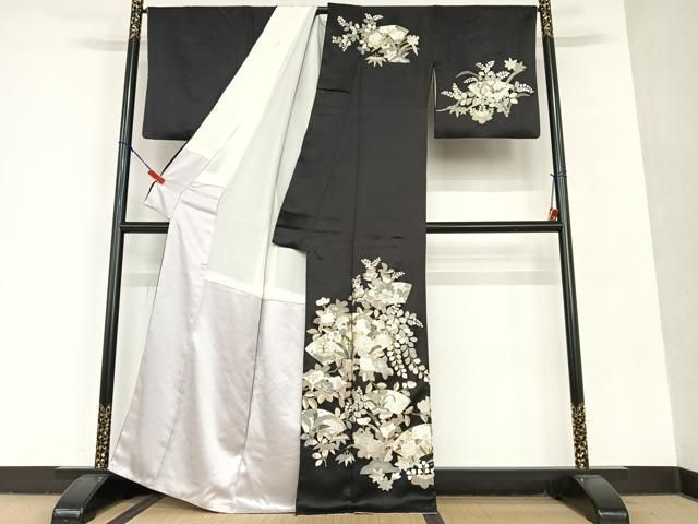 平和屋着物○訪問着 辻が花 地紙重ね花文 黒地 金彩 正絹 逸品