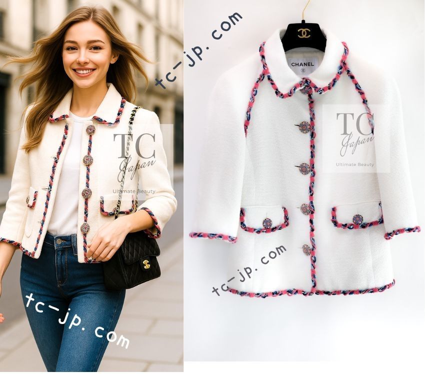 167万 シャネル ジャケット CHANEL ホワイト 白 ピンク ブレード  