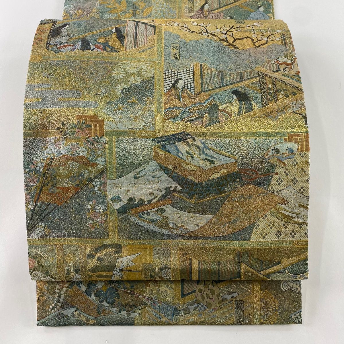 丸帯 名品 落款 徳川美術館秘蔵 御所風景 人物 金糸 箔 灰緑 お太鼓柄 正絹