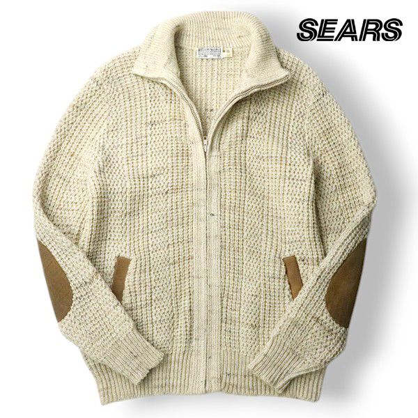 70s ヴィンテージ！ビッグサイズ 美品 カナダ製 Sears シアーズ 牛革レザーパッチ ジップアップ ワッフルニットジャケット アイボリー 46