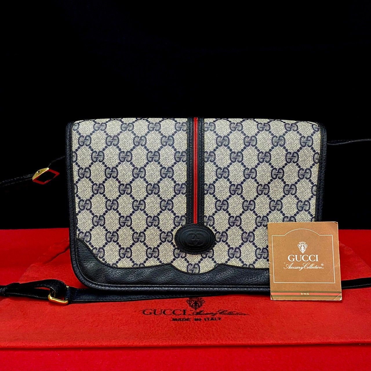 極 美品 GUCCI グッチ オールドグッチ ヴィンテージ シェリーライン GG ロゴ レザー ショルダーバッグ ポシェット ネイビー 816-2 -  メルカリ