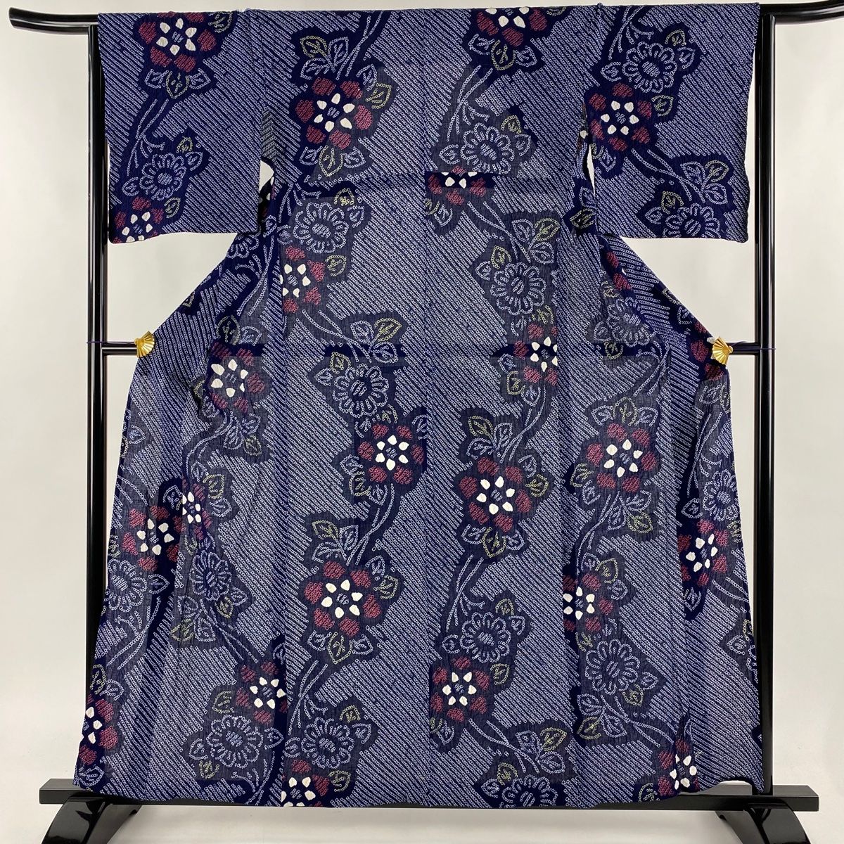 浴衣 身丈158cm 裄丈64cm M 絞り浴衣 草花 紗縞 濃紺 綿 名品