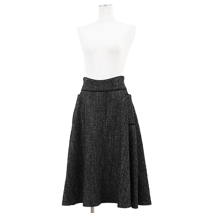 FOXEY フォクシー フ スカート ツイード ベロア パイピング メランジ ウール ＆ アルパカ フラップポケット バックファスナー ボトムス レディース サイズ 38 チャコールグレー 39203