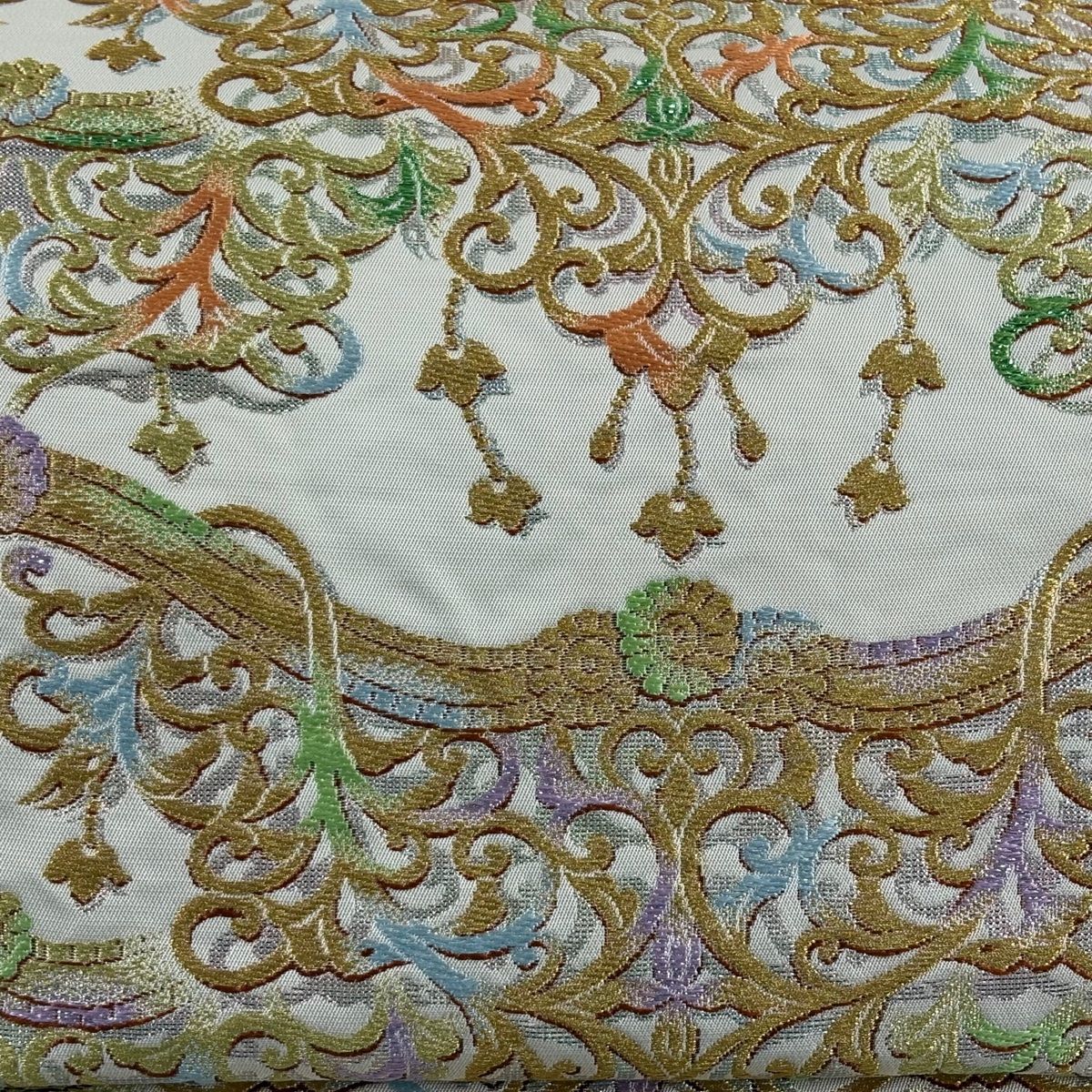 龍村美術織物 正絹九寸開き名古屋帯(京袋帯) 葡萄唐草文錦 白中金 袋帯 美品 逸品 龍村美術織物 落款 彫彩飾宝文 花唐草 金銀糸 箔