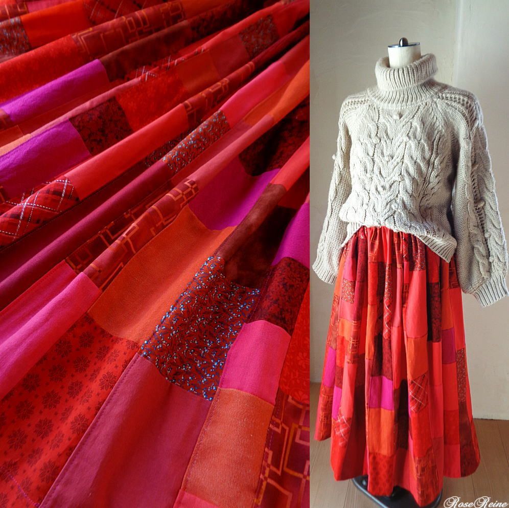 絵画なパッチワーク たっぷりギャザースカート♥パリジェンヌの赤 ウエストゴム - メルカリ