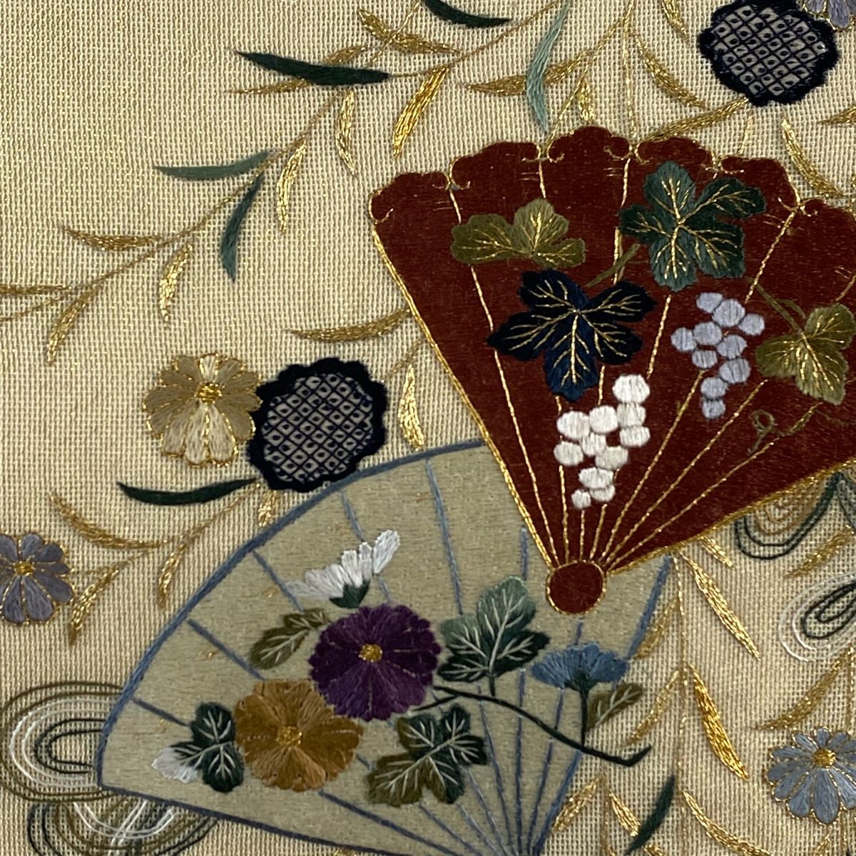 袋帯 美品 秀品 夏帯 紗 扇 流水 箔 刺繍 ベージュ お太鼓柄