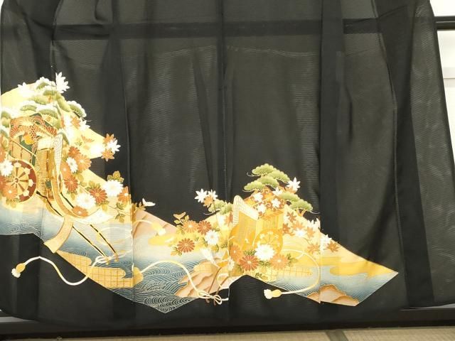 平和屋着物＊夏物 黒留袖 駒刺繍 御所車花松文 金彩 正絹 逸品