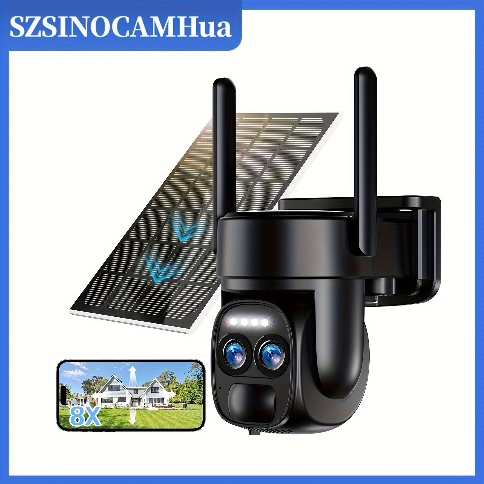 IP66防水双眼式セキュリティ監視ソーラーパネル付き 2.4GHz WiFi屋外監視とAIスキャンカメラモーションスポットライト 夜間ビジョン 双方向トーク 8倍ハイブリッドズーム追跡 超広角 PIR動体検知 双方向オーディオ アラーム