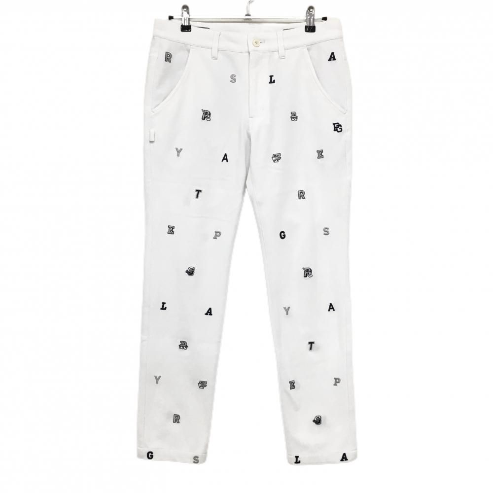 美品】パーリーゲイツ パンツ 白×ネイビー×グレー 英字総柄 裏微起毛