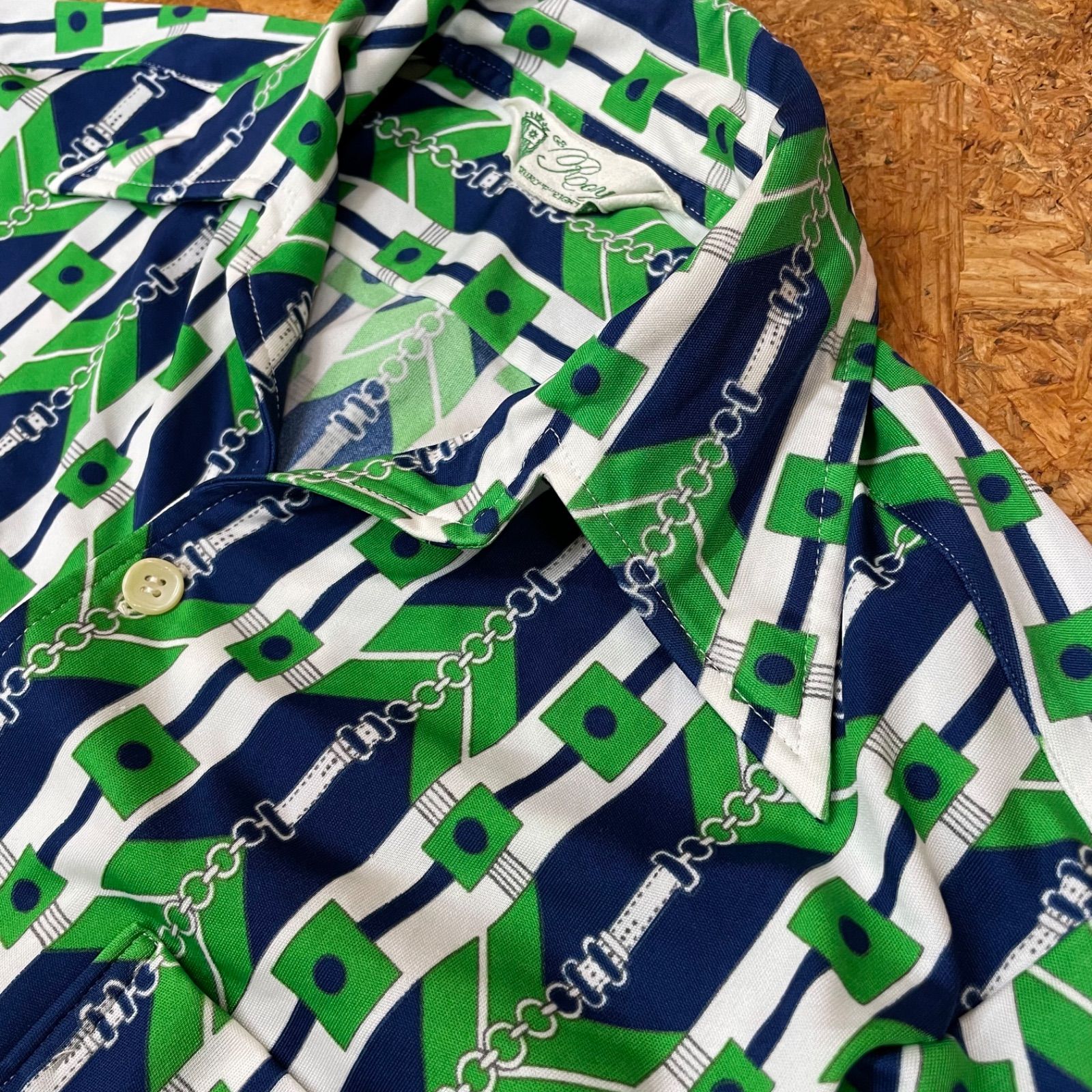 70s 昭和レトロ GB Royal 総柄 長袖 オープンカラーシャツ M メンズ  